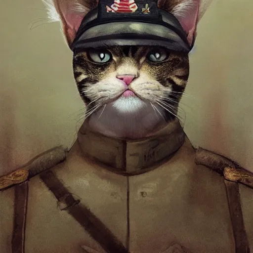 Image similar to Portrait face fuzzy eyes snout ears furry ripped physique kitty cat general camouflaged as a kitty cat man wearing a military officer uniform standing atop a panzer tank charlie bowater elina brotherus greg rutkowski Dan Witz paul klee jamie wyeth victo ngai