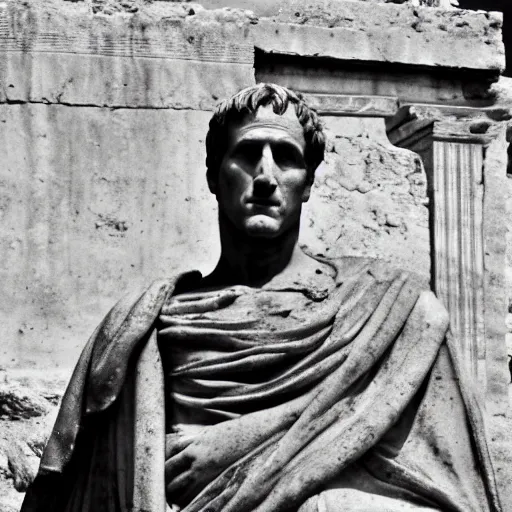 Image similar to Recovered photo of julius caesar taken in front of the roman forum. He looks tired and defeated. Sepia. White border. Torn on edge and creased.