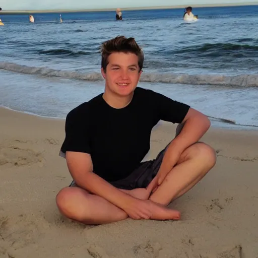 Prompt: a photo of kellen sitting in the beach.