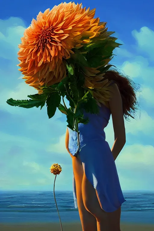 Image similar to closeup girl with huge dahlia flower head, on beach, surreal photography, blue sky, sunrise, dramatic light, impressionist painting, digital painting, artstation, simon stalenhag