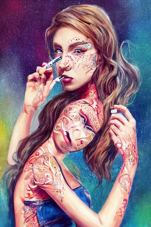 Prompt: full body painting of a girl smoking a cigarette and holding a pistol, cute face, intricate, highly detailed, digital painting, official media, concept art, rich vivid colors, ambient lighting, sharp focus, illustration