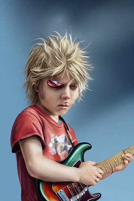 Image similar to blonde wild hair boy playing fender stratocaster, eye - patch, close - up portrait, plain white tshirt, powerfull, intricate, elegant, volumetric lighting, scenery, digital painting, highly detailed, artstation, sharp focus, illustration, concept art, steve mccurry