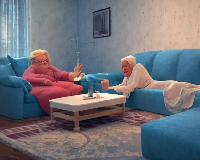 Image similar to of a very beautiful scene. ambient occlusion render. a sweet fat old woman is flying above the sofa. hyper realistic. 4 k. wide angle. wild. symmetrical face, red mouth, blue eyes. deep focus, lovely scene. ambient occlusion render. concept art. unreal engine.