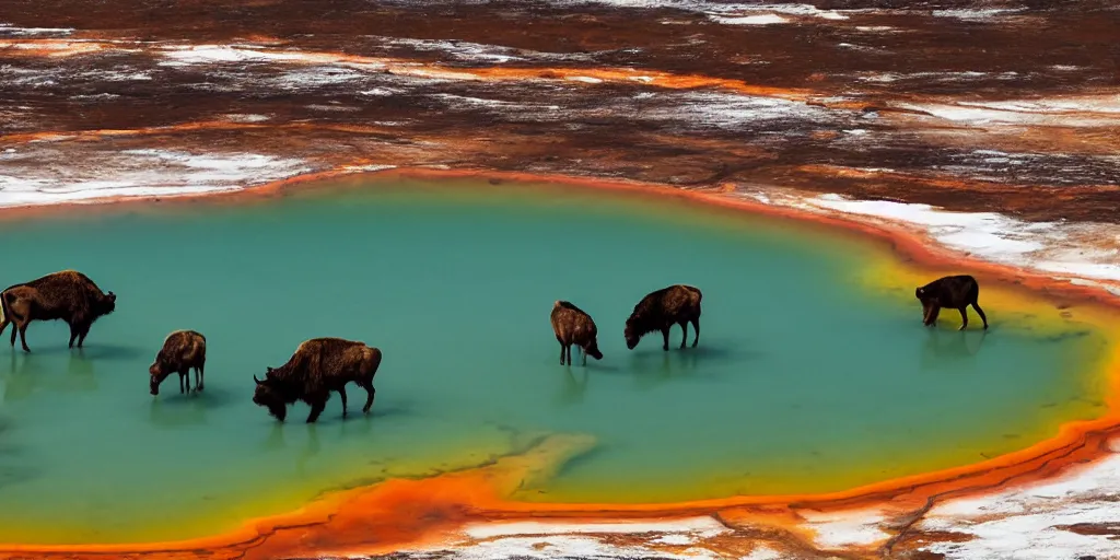 Image similar to bison and wolves swimming in grand prismatic spring