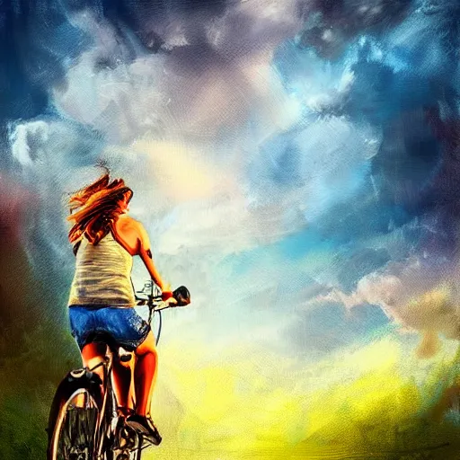 Image similar to The joy of riding a bike through the sky, striking composition, evokes feelings of wonder, expressive digital painting