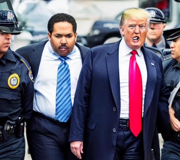 Prompt: Candid photo of Donald Trump being arrested by three FBI agents, Reuters, AP Press photo, long lens, sony a7s camera, 4K