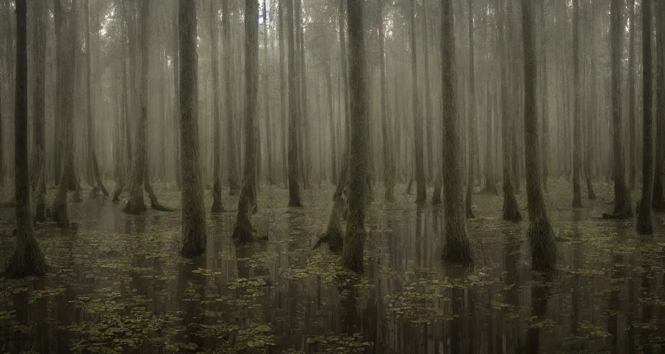 Image similar to A dense and dark enchanted forest with a swamp, by Alyssa Monks