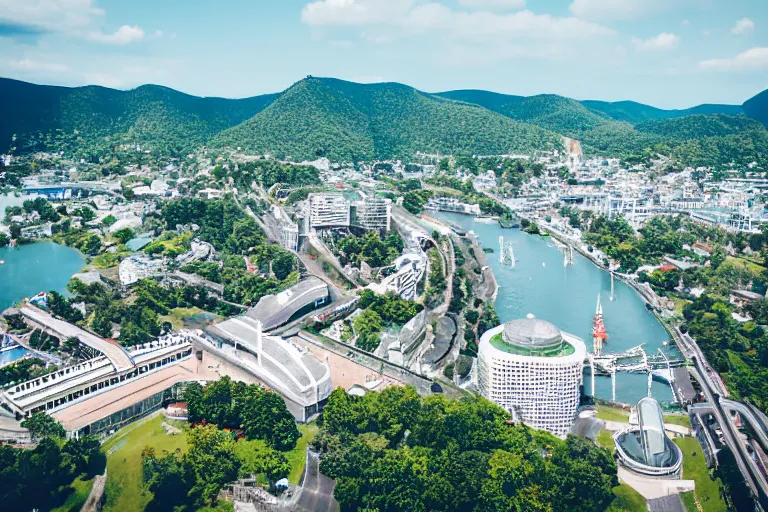 Image similar to bird's eye view photography of a small city. town hall, central farm, monorail station, beach and harbor. hills, woods and lake to the north.