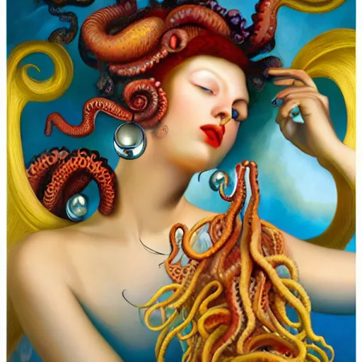 Image similar to dynamic composition, a painting of a woman with hair of octopus tentacles and ( brightly - colored - corals ), wearing ornate earrings, a surrealist painting by tom bagshaw and jacek yerga and tamara de lempicka and jesse king, underwater, featured on cgsociety, pop surrealism, surrealist, dramatic lighting, pre - raphaelite, ornate gilded details