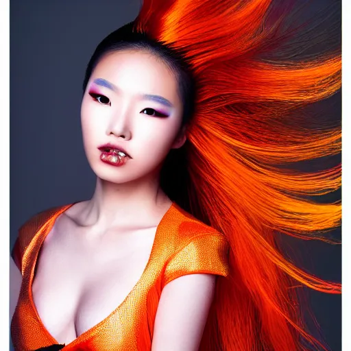 Prompt: portrait of beautiful young Chinese female model wearing a cybergothic outfit and hair with bright orange streaks, golden hour in Beijing, Zeiss 150mm f2.8 Hasselblad