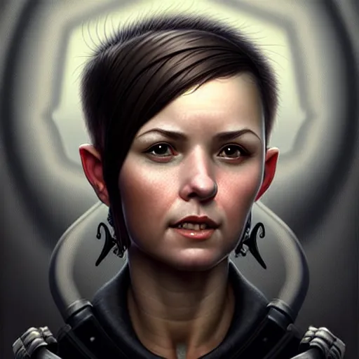 Image similar to portrait of a beautiful cute strong charming realistic female gnome engineer, short pixie undercut black hair, d & d, micro detail, intricate, elegant, highly detailed, centered, rule of thirds, artstation, sharp focus, illustration, artgerm, tomasz alen kopera, donato giancola, wlop