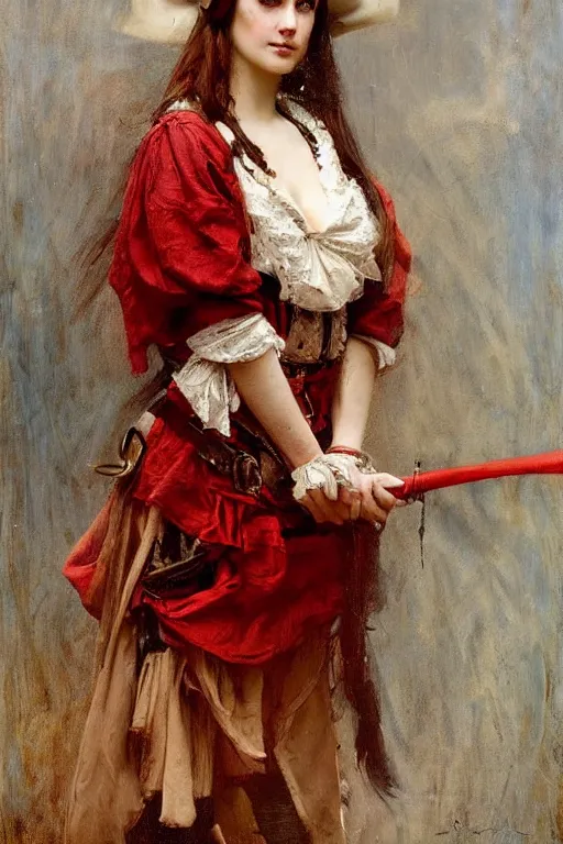 Image similar to Solomon Joseph Solomon and Richard Schmid and Jeremy Lipking victorian genre painting full length portrait painting of a young beautiful woman traditional german french pirate wench in fantasy costume, red background