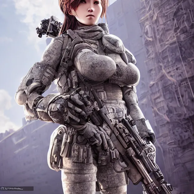 Image similar to the photorealistic portrait of lawful neutral female futuristic marine sniper as absurdly beautiful, gorgeous, elegant, young gravure idol, an ultrafine hyperdetailed illustration by kim jung gi, irakli nadar, intricate linework, bright colors, octopath traveler, final fantasy, unreal engine 5 highly rendered, global illumination, radiant light, detailed and intricate environment