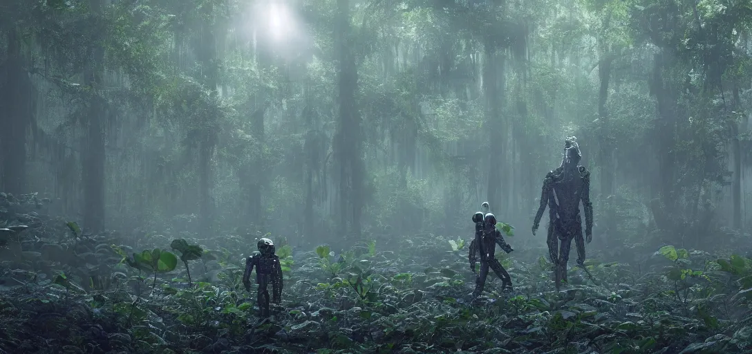 Image similar to a nasa astronaut visiting a complex organic fractal metallic symbiotic ceramic humanoid megastructure creature in a swampy lush forest, foggy, sun rays, cinematic shot, photo still from movie by denis villeneuve, wayne barlowe