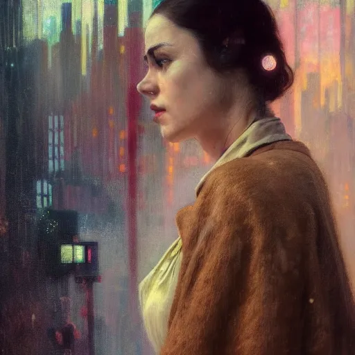 Image similar to detailed portrait of a woman, moment, cyberpunk cloisters, electronic billboards, tech noir, wet reflections, atmospheric, ambient, wlop, livia prima, greg rutkowski, george tooker, gil elvgren, norman rockwell, alexis flower, hopper, mucha, whistler, norman rockwell, peter max,