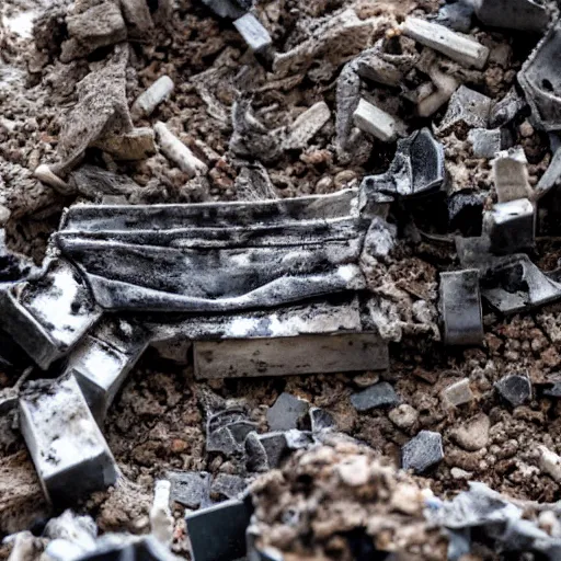 Prompt: A burned Lego figure in rubble,