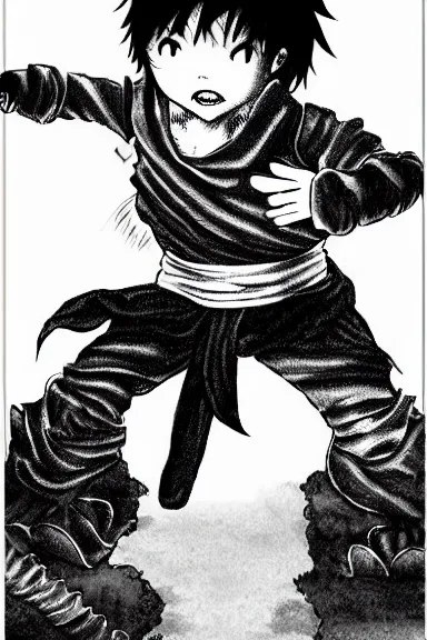 Prompt: attractive little boy wearing an ninja suit, black and white artwork made by kentaro miura