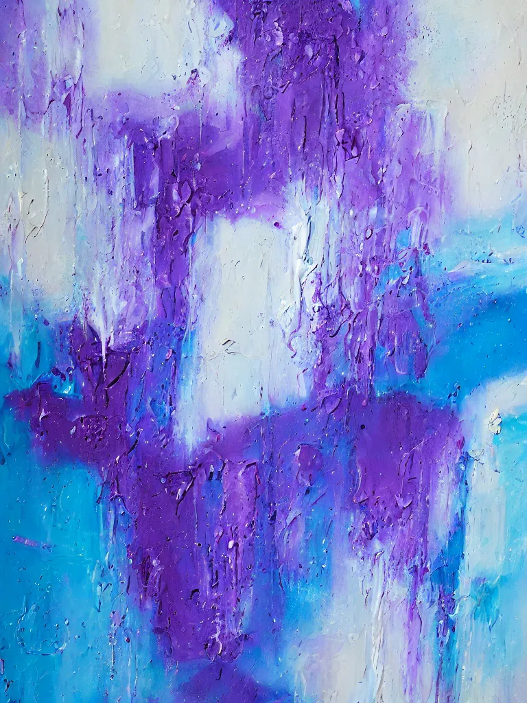 Image similar to abstract multiple layers of purple and blue shades paint dripping and running down a canvas, oil on canvas, detailed