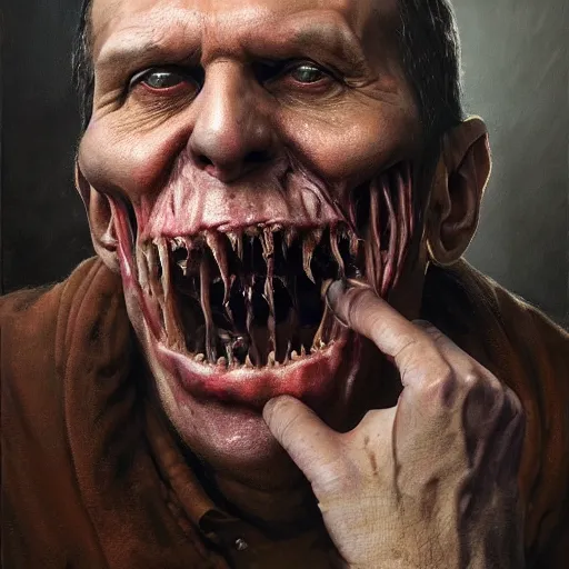 Image similar to a portrait of sergey lavrov, flesh eating worms, macabre, horror saw teeth, horror rotten teeth, peeling face skin, by donato giancola and greg rutkowski and wayne barlow and zdzisław beksinski, realistic face, visible face, digital art, artstation, symmetry