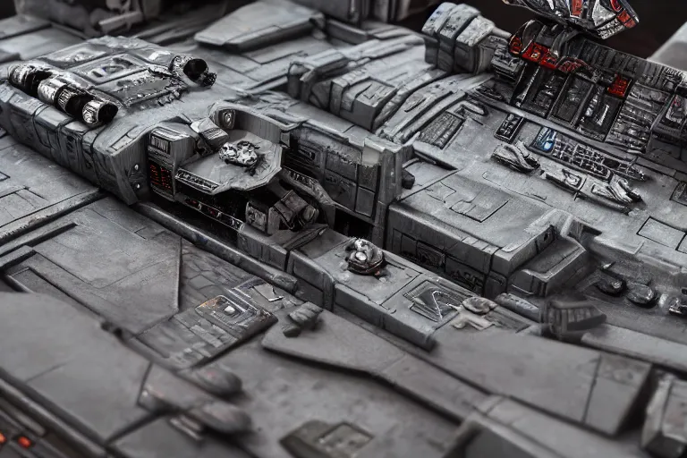 Image similar to closeup greeble detail of imperial start destroyer flying through x-wing fighter intricate hyper-detailed photorealistic 35mm