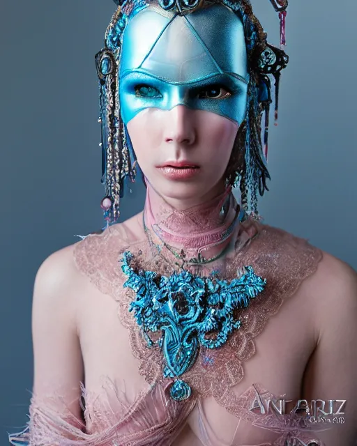 Image similar to natural light, soft focus portrait of a android with soft synthetic pink skin, blue bioluminescent plastics, smooth shiny metal, elaborate ornate head piece, piercings, venetian mask, skin textures, by annie liebovotz, paul lehr,