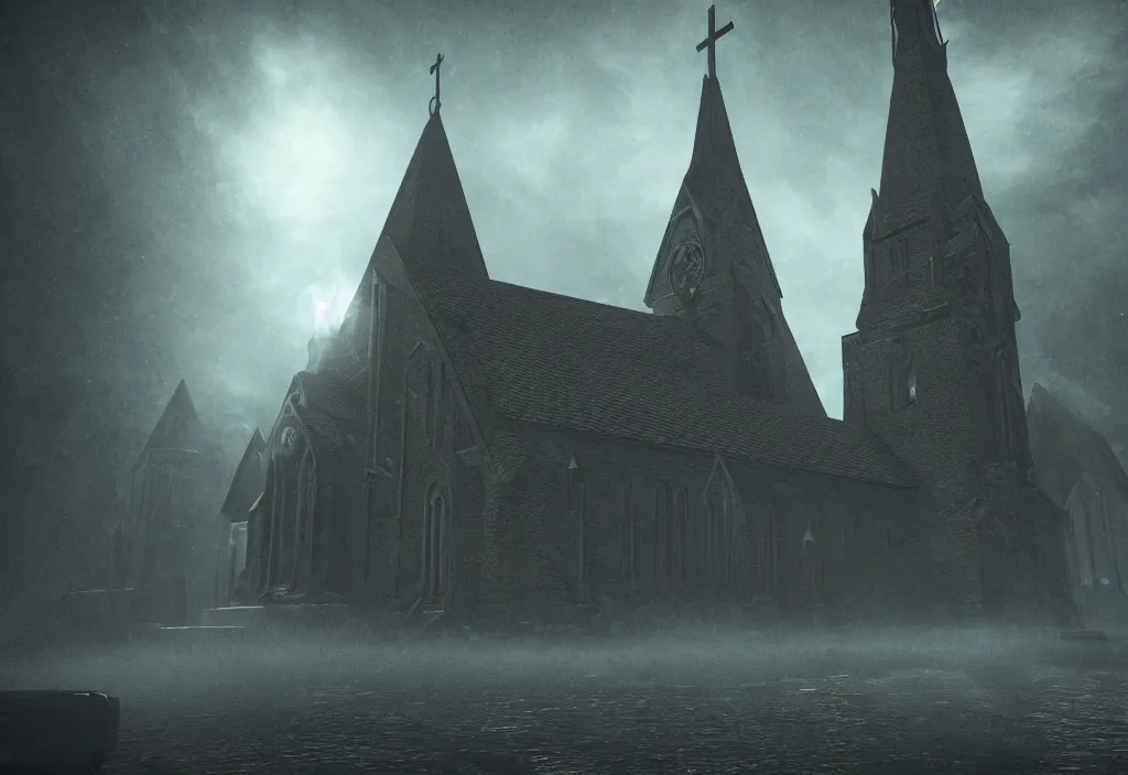 Image similar to eldritch church of cthulhu photorealistic, film, cinematic lighting, octane render, volumetric light, dark - art