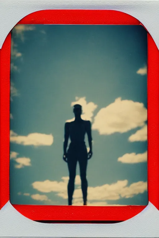 Prompt: analog polaroid photograph of a chrome android, standing in a pool of blood, azure sky, big clouds visible, sunlight, reflection, sparkles, lensflare, film grain, depth of field, color bleed
