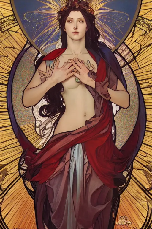 Prompt: the immaculate conception, by artgerm and moebius and alphonse mucha, hyperdetailed, dc comics, explosions in the sky, trending on artstation