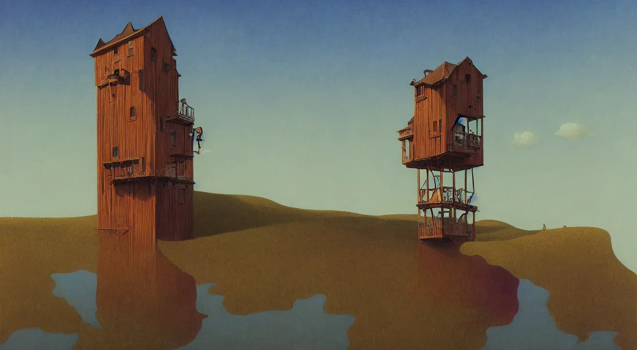 Image similar to single flooded simple wooden tower, very coherent and colorful high contrast!! masterpiece by rene magritte simon stalenhag carl spitzweg syd mead norman rockwell edward hopper james gilleard, minimalist, dark shadows, sunny day, hard lighting