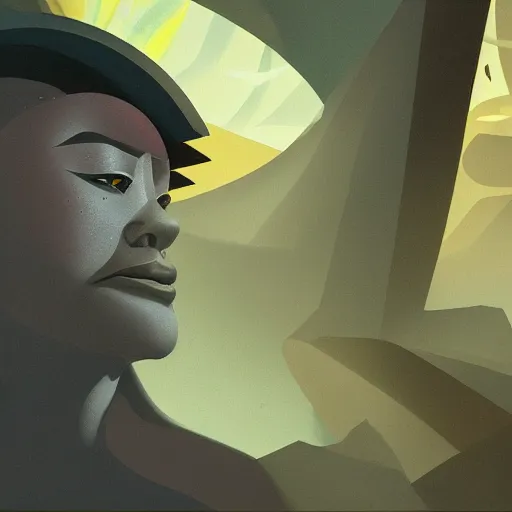 Prompt: eyeless watcher, dutiful return, golden age seraph bunkers, art by Aaron Douglas and Murakami, high detail, cinematic, cgsociety 8k