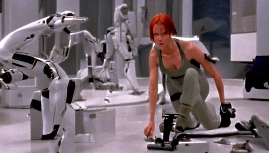 Image similar to The matrix, LeeLoo, Starship Troopers, Olivia Pope, 1960's Olympics footage, Sprinter athletes recovering from a race, tuning their mechanical legs with mechanics helping, intense moment, cinematic stillframe, backlit, The fifth element, vintage robotics, formula 1, starring Geena Davis, clean lighting