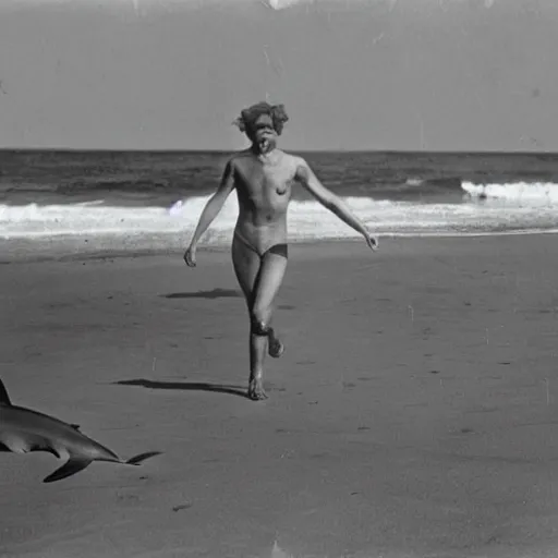 Prompt: a 1 9 2 8 photograph of a shark with human legs walking on the beach