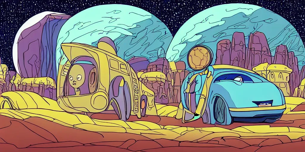 Prompt: traditional drawn colorful animation a car solo stranger with sad face pacing to valley symmetrical architecture on the ground, space station planet afar, planet surface, ground, flower, outer worlds extraterrestrial hyper contrast well drawn Metal Hurlant Pilote and Pif in Jean Henri Gaston Giraud animation film The Masters of Time FANTASTIC PLANET La planète sauvage animation by René Laloux