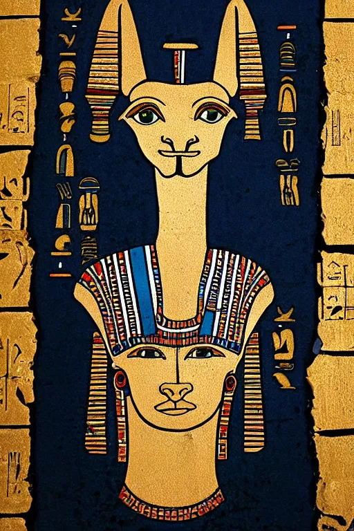 Prompt: Art of the Ancient Egyptians, Llama portrait in the style of traditional Egyptian wall painting. gods and goddesses of Ancient Egypt