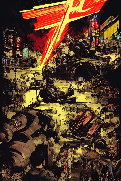 Prompt: full page illustration, tetsuo psychokinesis vs tanks in the neon-lit streets of neo tokyo, fish eye lens, Katsuhiro Otomo, Phil hale, Mike Mignola, Ashley wood, Ilya repin, frank frazetta, 8k, hd, high resolution print