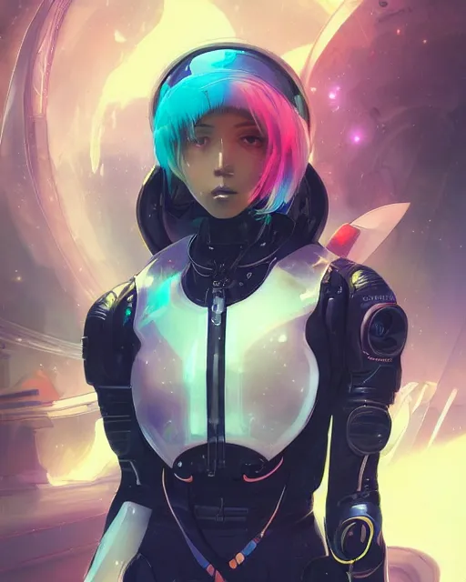 Image similar to anime visual of a female astronaut, neon, cyberpunk, black futuristic suit, stunning, highly detailed, digital painting, artstation, smooth, soft focus, illustration, art by artgerm and greg rutkowski and alphonse mucha