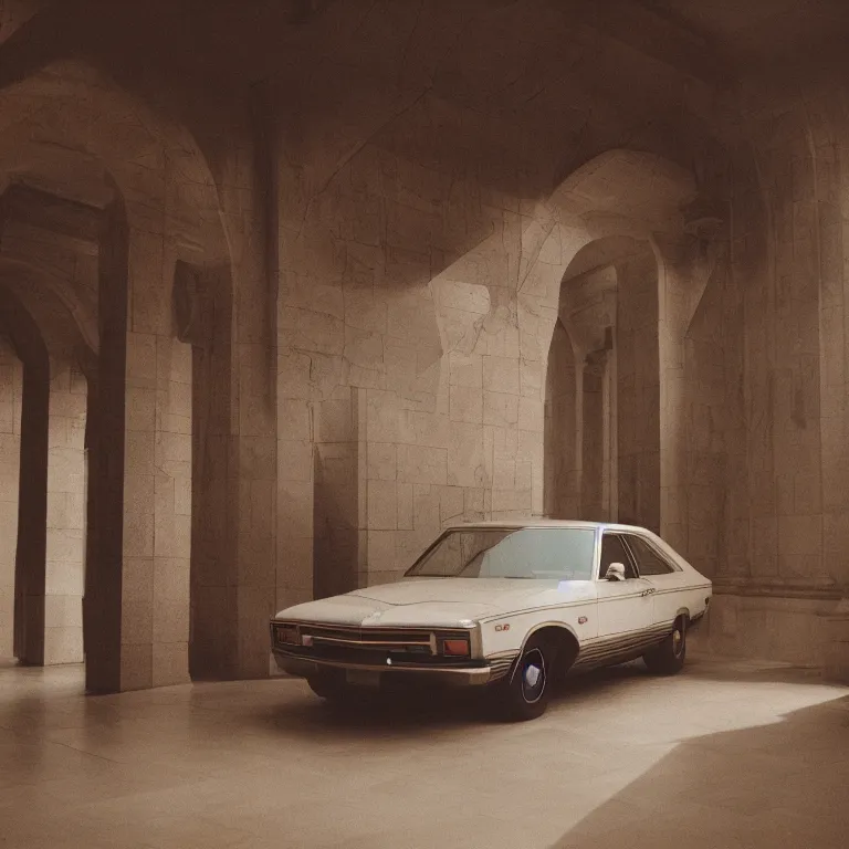 Prompt: 1 9 7 0 s car inside a marble temple, film photo, soft lighting album cover, nostalgia, gradient, light reflection