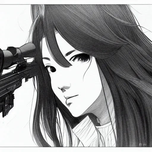 Prompt: Ahri, sniper, illustration by Takehiko Inoue, cinematic portrait