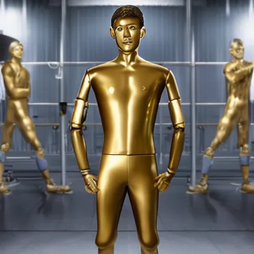 Image similar to a realistic detailed photo of a guy who is an attractive humanoid who is half robot and half humanoid, who is a male android, attractive and handsome soccer players, shiny skin, posing like a statue, blank stare, in a factory, on display, showing off his muscles, gold soccer shorts, side view, looking at each other mindlessly