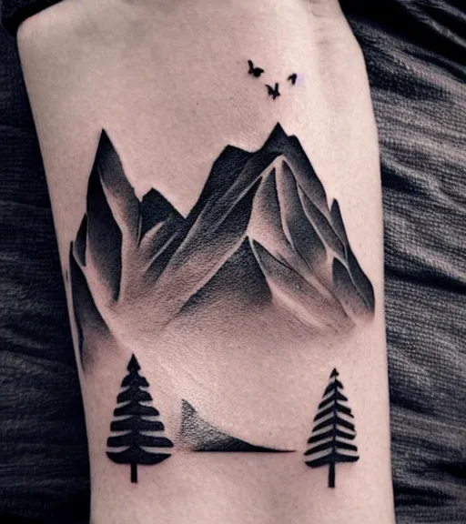 Image similar to creative double exposure effect tattoo design sketch of margot and beautiful mountains and nature, mountain scenery, realism tattoo, in the style of matteo pasqualin, amazing detail, sharp