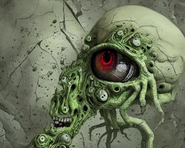 Image similar to Haunting horrifying hyperrealistic detailed painting of a tall slim spider extraterrestrial creature made of concrete stone brick, gelatinous green goop, heavy metal, disgusting, creepy, unsettling, and bloodshot eyeballs, hyper detailed, trending on Artstation