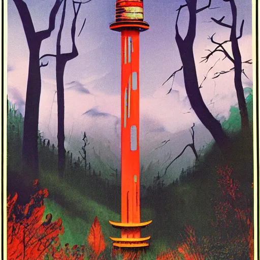 Image similar to tower in a forest, 70s fantasy poster