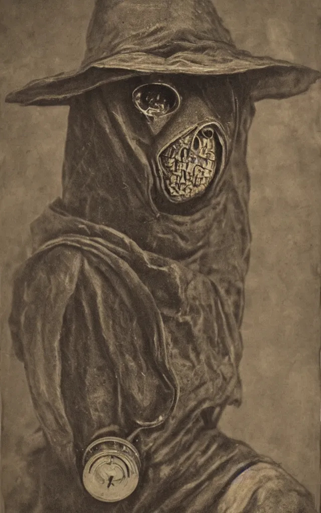 Image similar to portrait of an undead mutant plague doctor, daguerreotype, studio lighting, hyperrealistic, ultra detailed