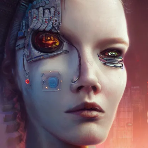 Image similar to extremely detailed portrait of a cyberpunk woman, eye implants, street vendors, citizens, augmented cyborgs, robots, skyscapers, buildings, clouds, sunset, painted by seb mckinnon, high detail, digital art, trending on artstation