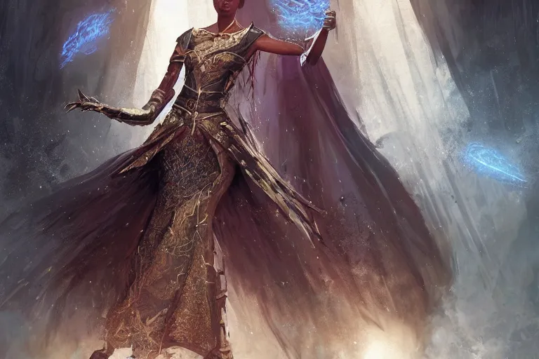 Image similar to Elegant dark skinned queen wearing a brocade dress| high fantasy | d&d | dragon age | jeff easley, greg rutkowski, pino daeni | volumetric lights | in throne room |