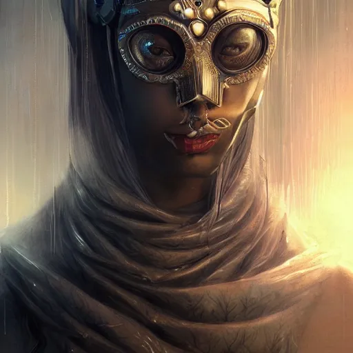 Image similar to Very very very very highly detailed epic photo of face with venetian mask, intricate, dystopian, sci-fi, extremely detailed, digital painting, artstation, concept art, smooth, sharp focus, illustration, intimidating lighting, incredible art by Artgerm and Brom and Vincent di Fate