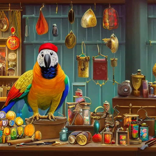 Image similar to Anthropomorphized parrot trader in his shop, selling his wares, portrait, items, gold, magic potions, carpet, window, fancy hat, sly expression , cunning expression, cute expression, long thick shiny gold beak, presenting wares, holding a gold bag, D&D, fantasy, cinematic lighting, highly detailed, digital painting, artstation, concept art, smooth, sharp focus, illustration, warm light, cozy warm tint, magic the gathering artwork, volumetric lighting, 8k, art by Akihiko Yoshida, Greg Rutkowski