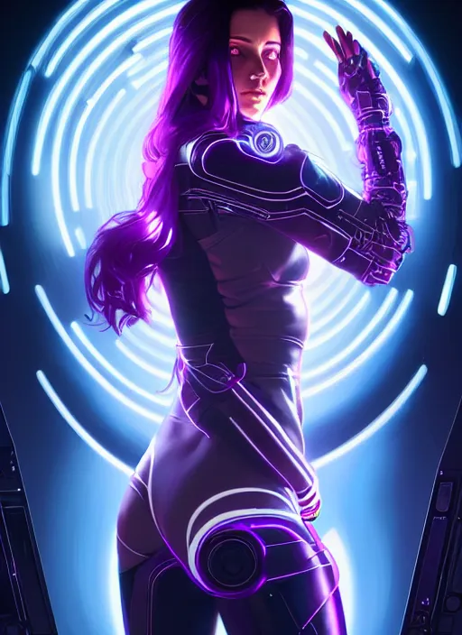 Prompt: symmetry portrait of a very beautiful caucasian young cyberpunk woman with dark purple hair, sci - fi, tech wear, glowing lights intricate, elegant, highly detailed, digital painting, artstation, concept art, smooth, sharp focus, illustration, art by artgerm and greg rutkowski and alphonse mucha