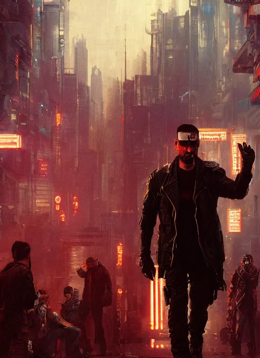 Image similar to cyberpunk version of the punisher walking into a cyberpunk nightclub (blade runner 2049, cyberpunk 2077). Orientalist portrait by john william waterhouse and James Gurney and Theodore Ralli and Nasreddine Dinet, oil on canvas. Cinematic, hyper realism, realistic proportions, dramatic lighting, high detail 4k