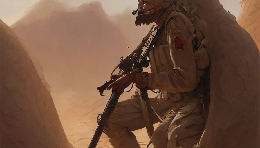 Prompt: beautiful digital painting of a soldier in a trench waiting for the war to end, in the sahara desert. cinematic lighting, atmospheric, concept art by artgerm and greg rutkowski,,